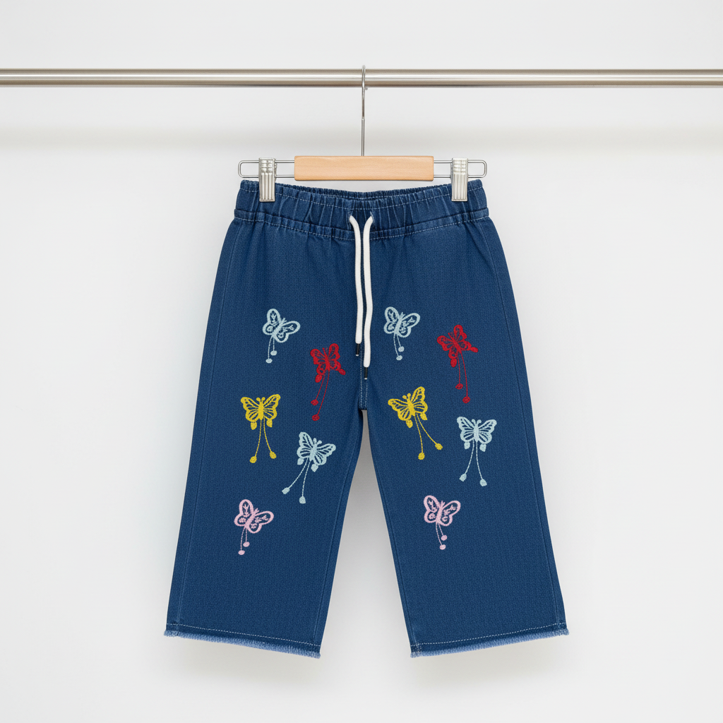Kids Butterfly Embroidered Denim Pants – Navy
