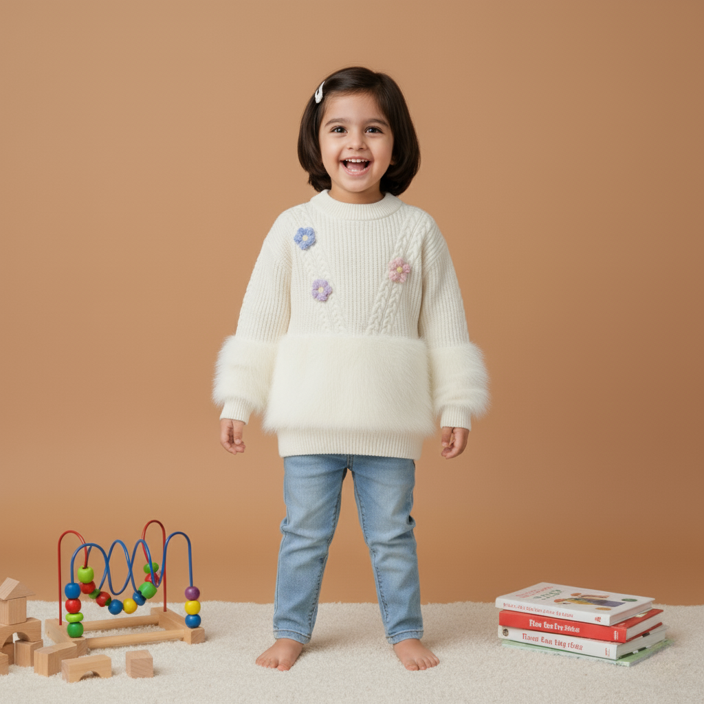 Kids Ivory Cable Knit Faux‑Fur Sweater
