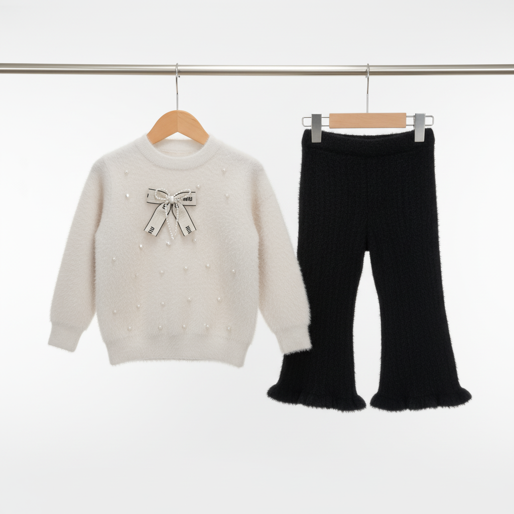 Girls Pearl Bow Sweater & Flare Pants 2‑Piece Set