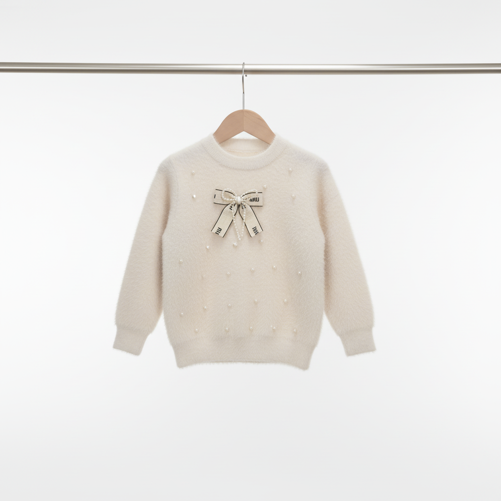 Girls Pearl Bow Sweater & Flare Pants 2‑Piece Set