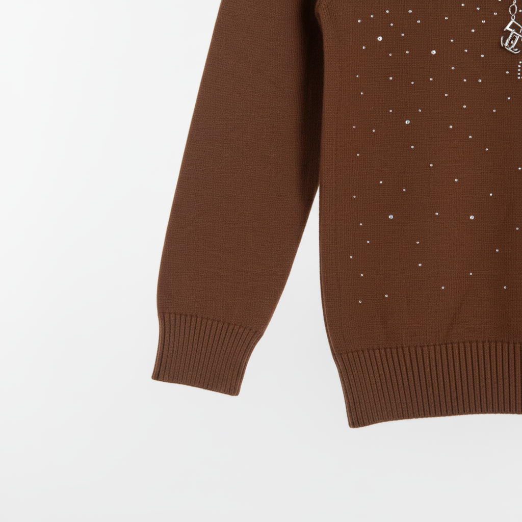 Girls Brown Rhinestone Crewneck Sweater