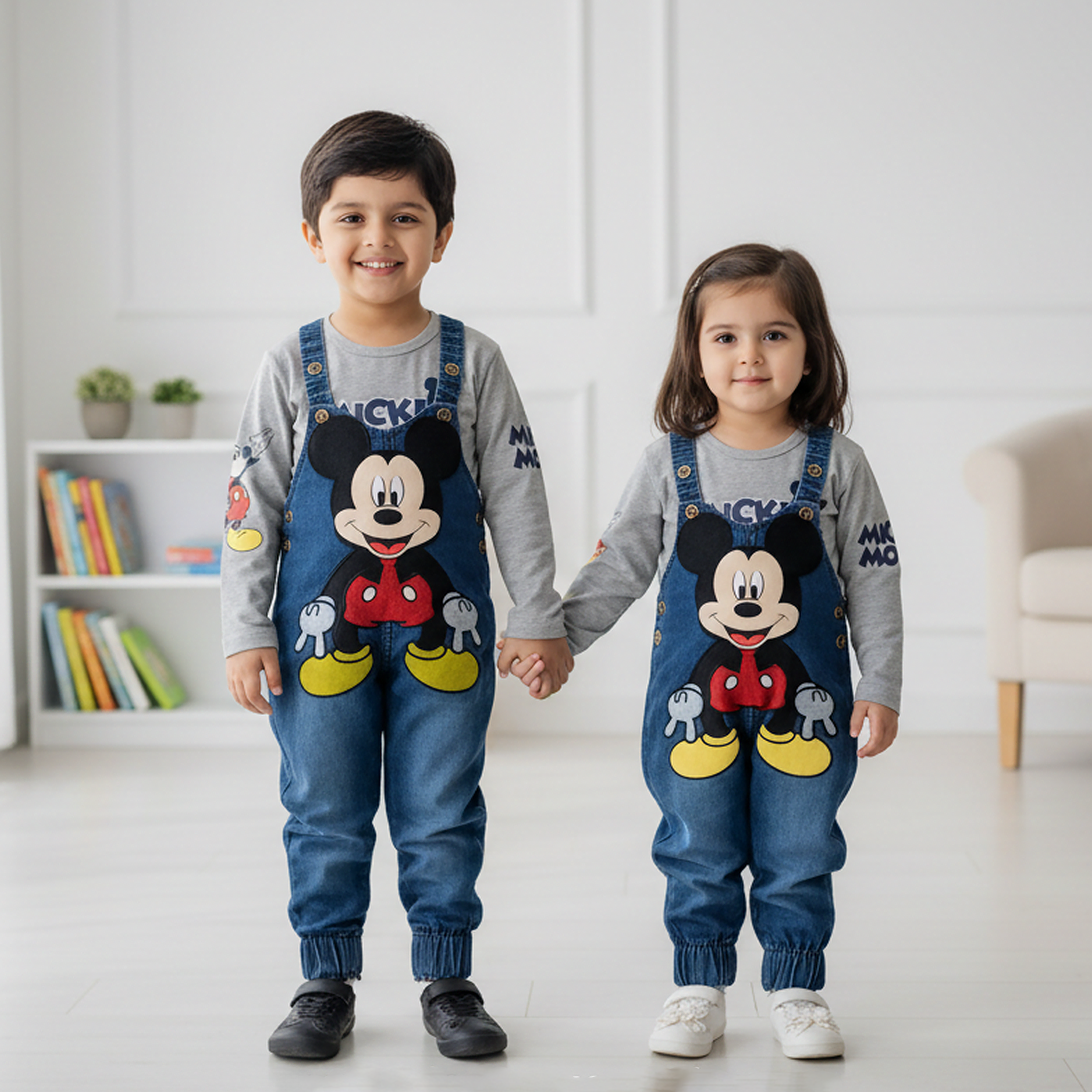 Two children wearing matching Mickey Mouse-themed overalls in a room with a white wall and a shelf with books and plants.