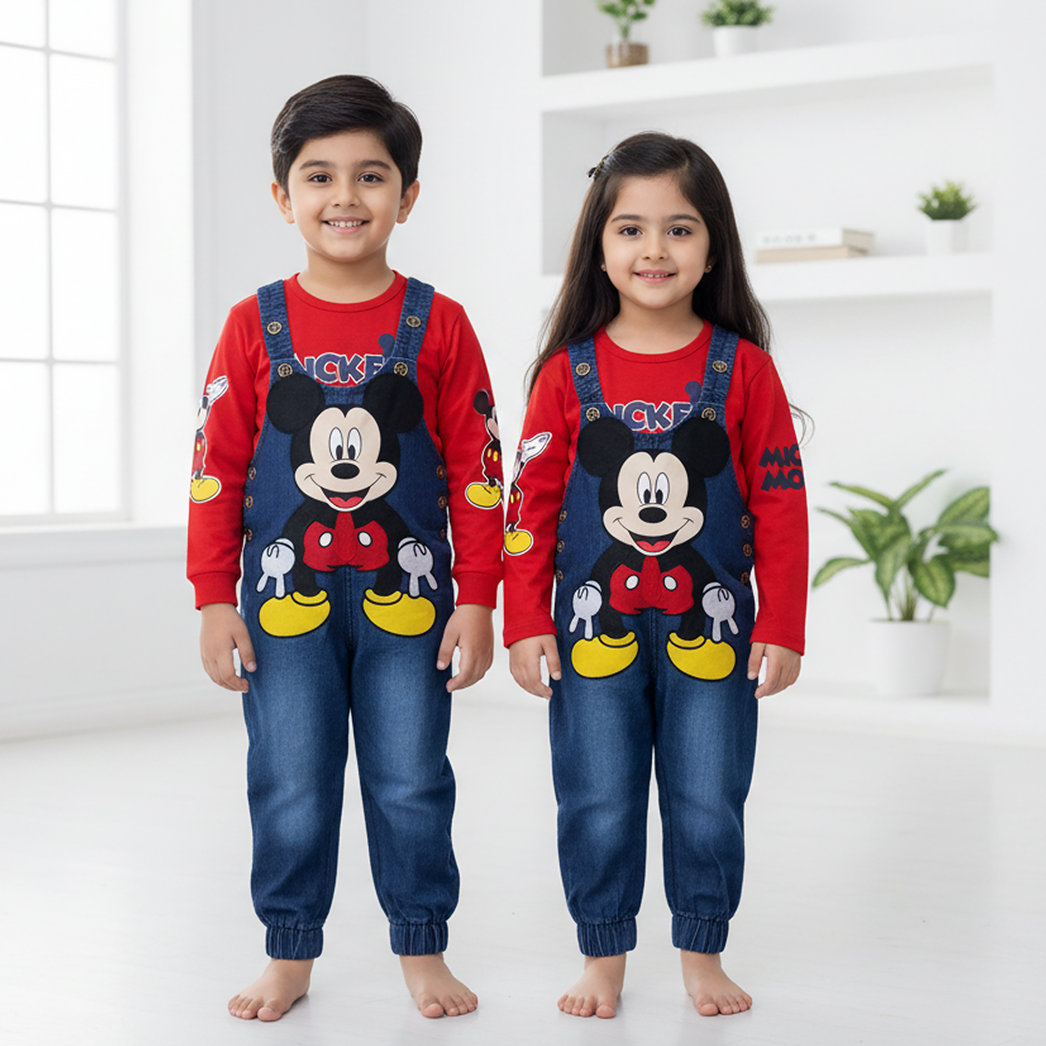 Two children wearing matching red shirts with cartoon character overalls in a bright room.