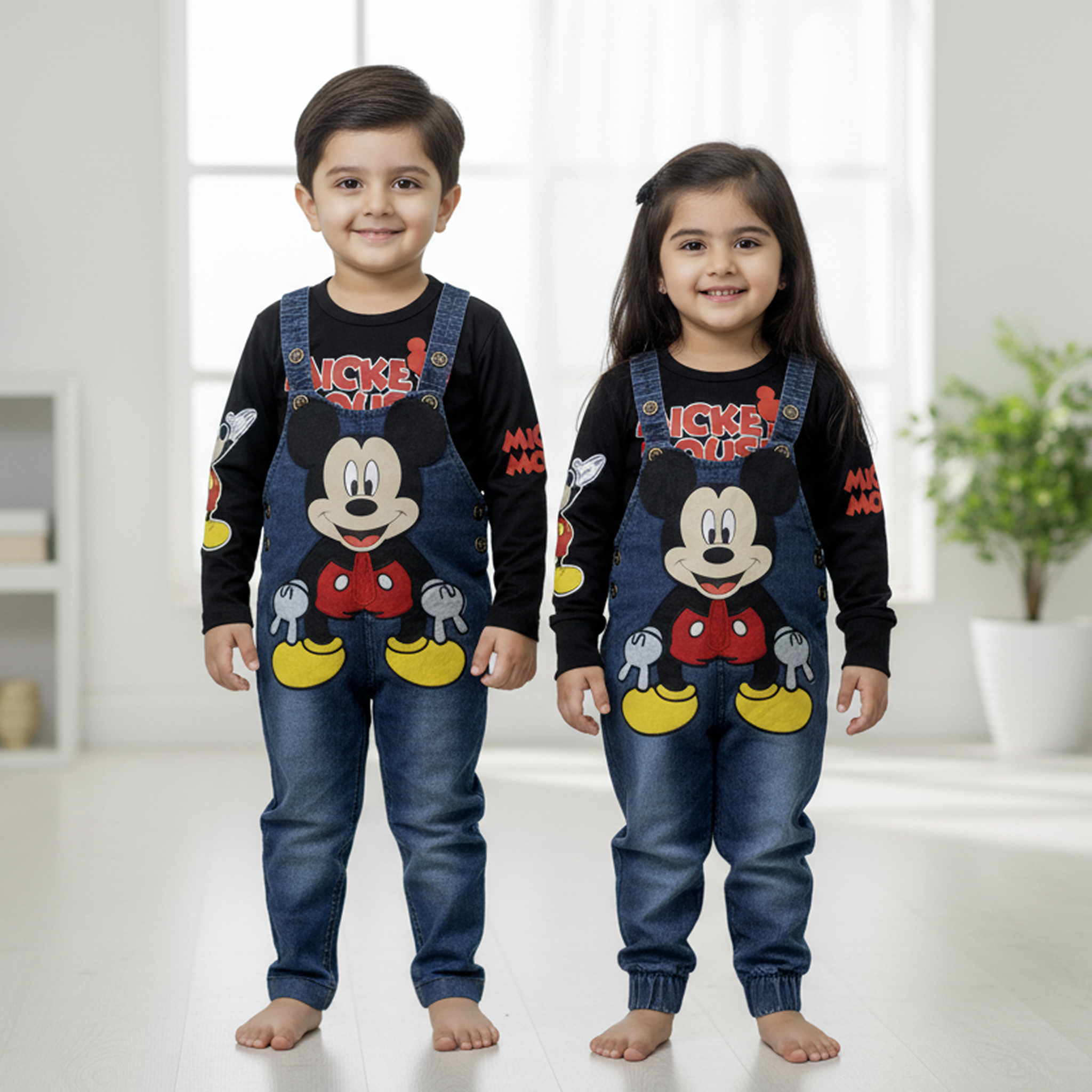 Two children wearing matching Mickey Mouse-themed outfits in a bright room.