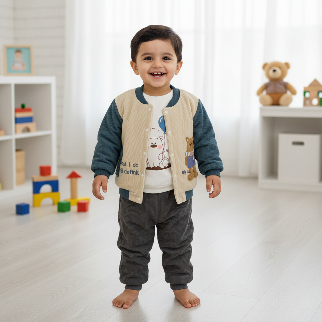 Kids 3‑Piece Bear Outfit Set – Snap Jacket