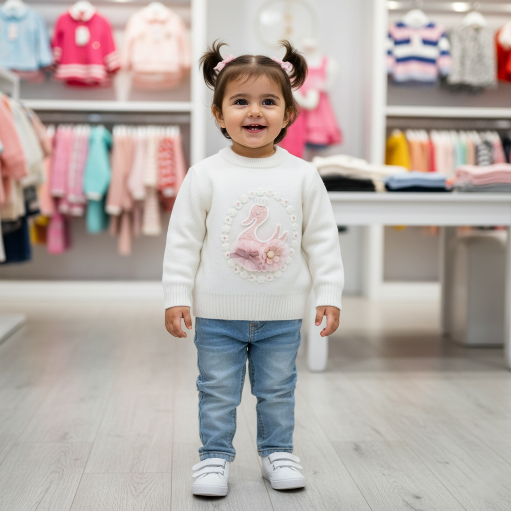 Girls 3D Swan Appliqué Knit Sweater