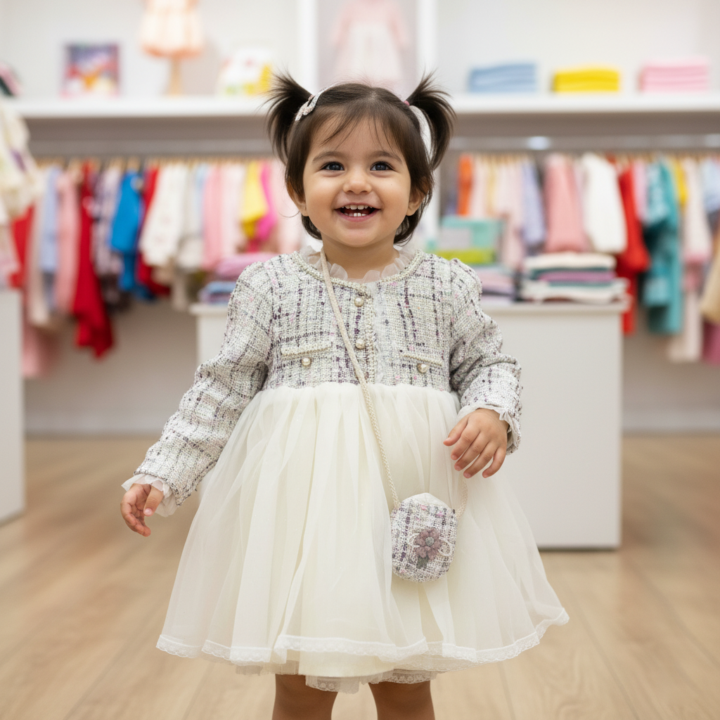 Girls Imported Tweed Tulle Party Dress