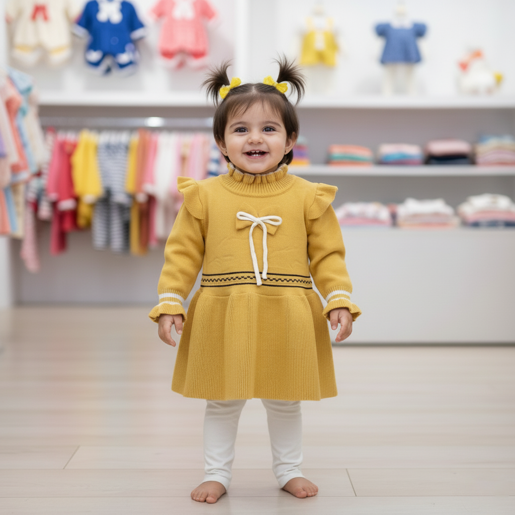 Girls Imported Wool Ruffle Sweater Dress — Mustard Yellow Knit