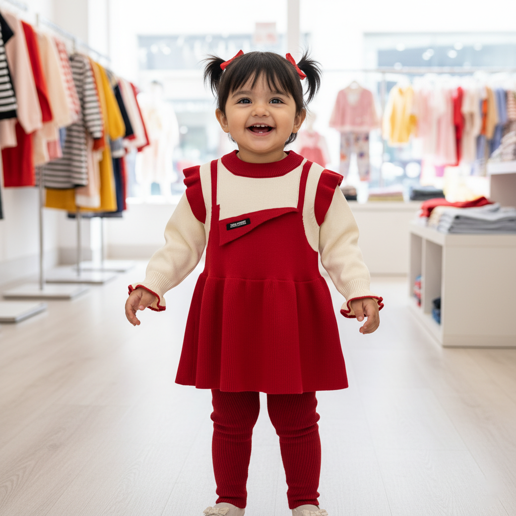 Girls Imported Red & Cream Knit Sweater Dress