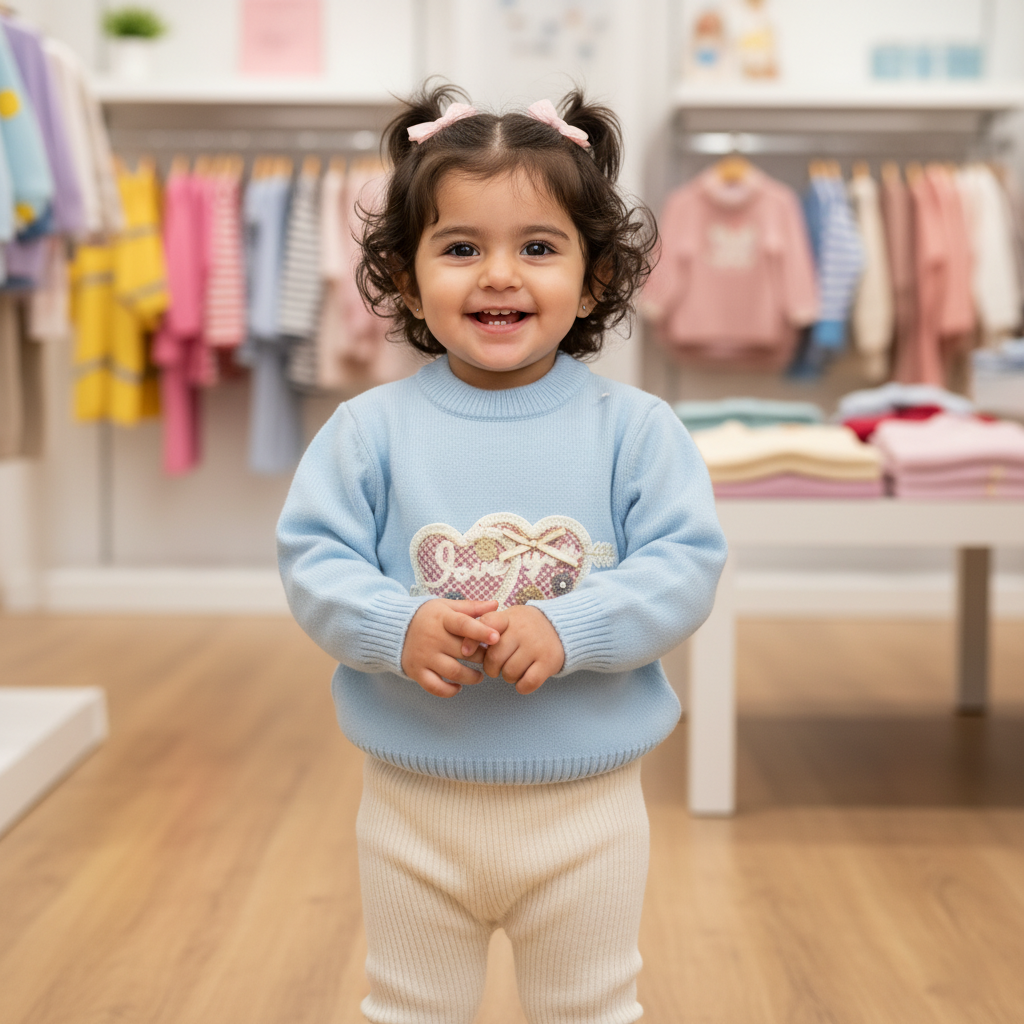 Girls Imported Blue Knit Sweater — 3D Heart Appliqué Pullover