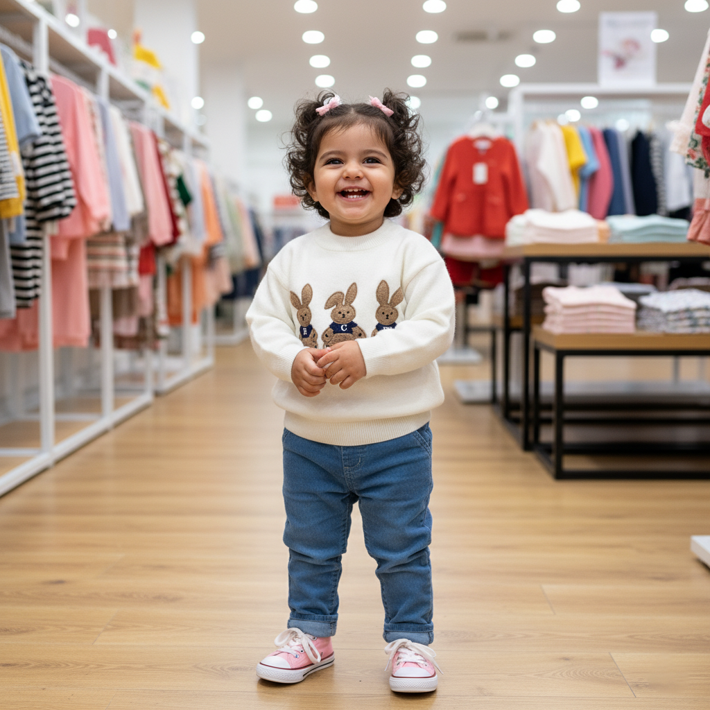 Girls Imported Bunny Trio Appliqué Knit Sweater