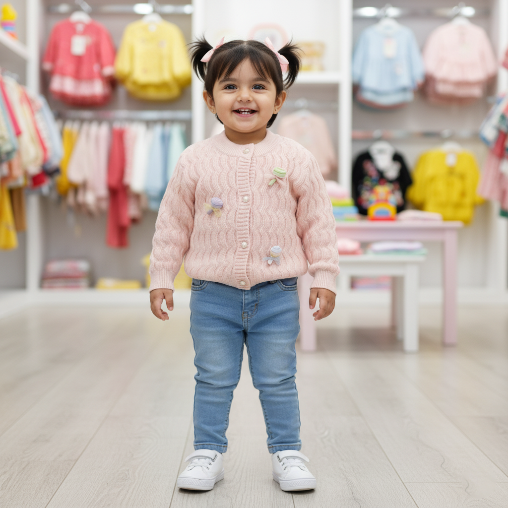 Girls Imported Pink Cable Knit Cardigan — Pearl Buttons