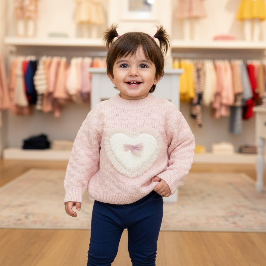 Girls Imported Pink Heart Appliqué Knit Sweater