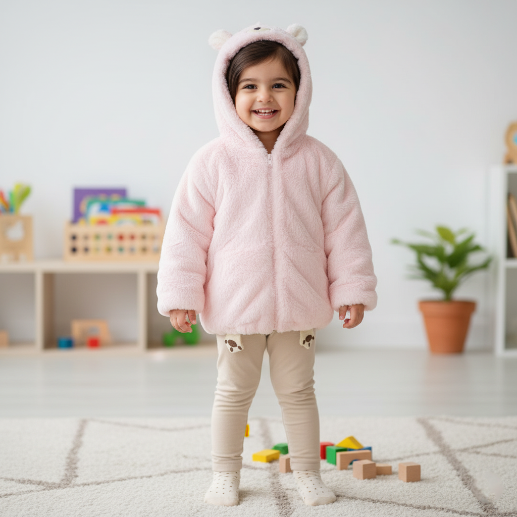 Kids Pink Plush Animal Zip Hoodie