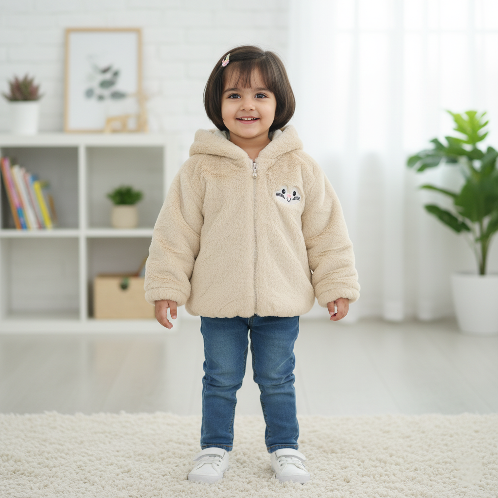 Kids Beige Bunny Fleece Zip Hoodie