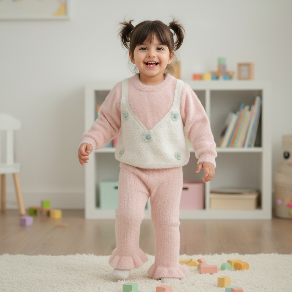 Girls Pink Fuzzy Knit 2‑Piece Set