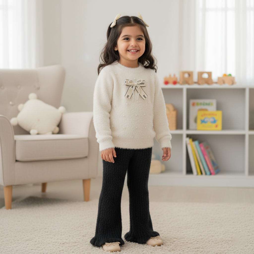 Girls Pearl Bow Sweater & Flare Pants 2‑Piece Set