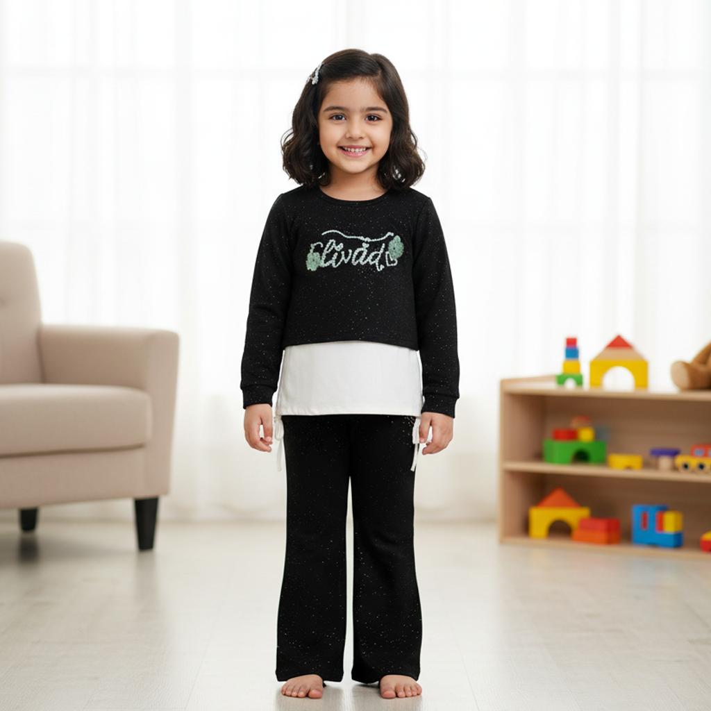 Girls 3‑Piece Glitter Layered Set – Cropped Sweatshirt