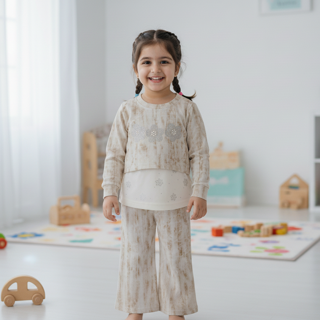 Girls Beige 3‑Piece Floral Set – Cropped Top