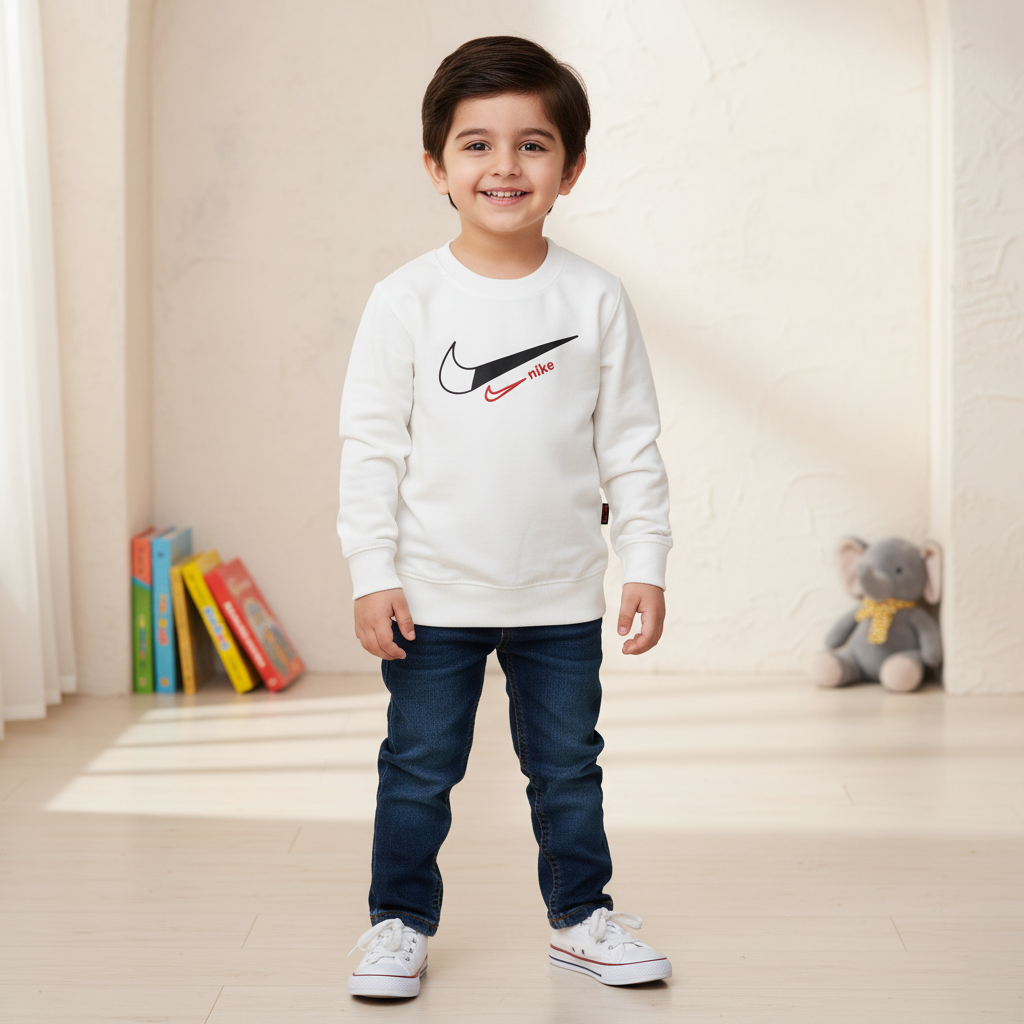 Kids White Terry Crew Sweatshirt