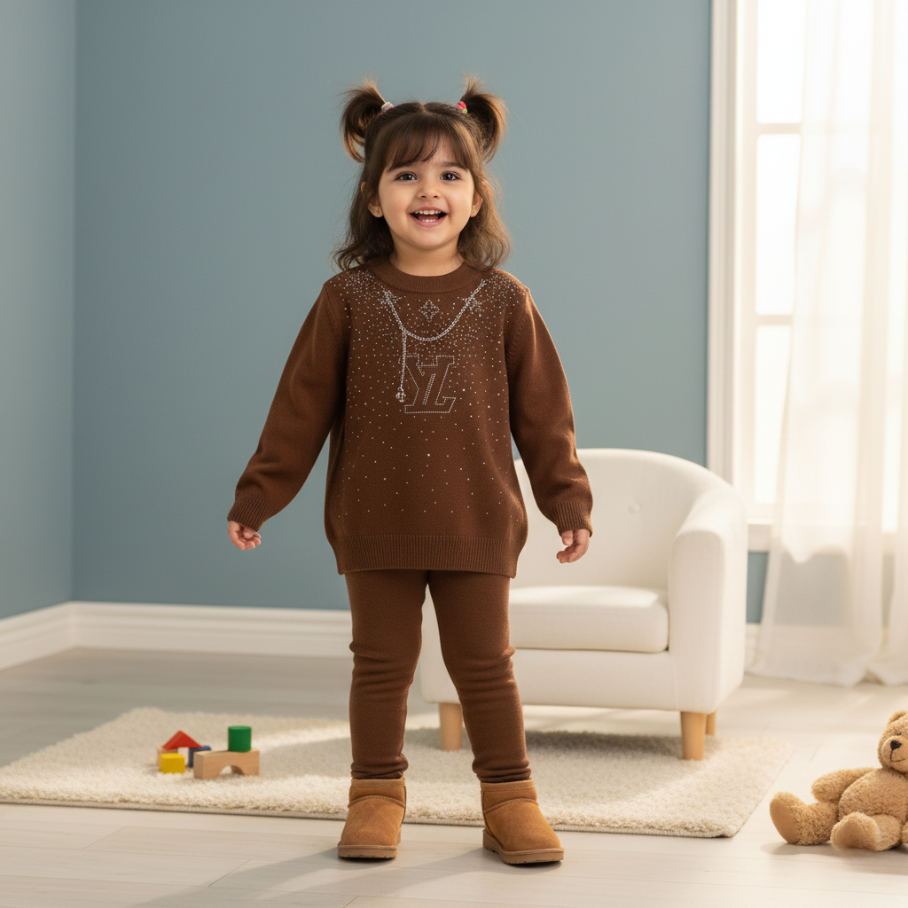 Girls Brown Rhinestone Crewneck Sweater