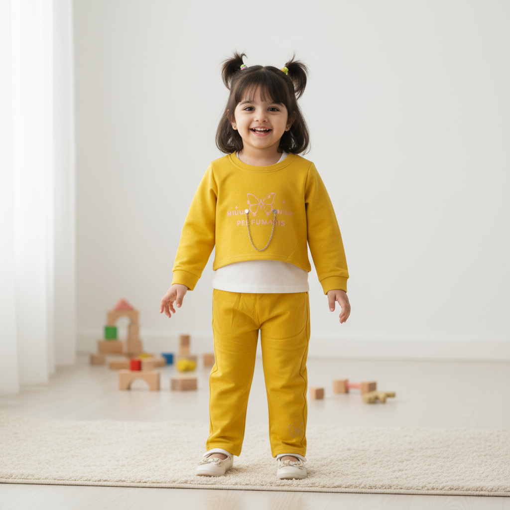 Girls Mustard 3‑Piece Butterfly Set – Cropped Sweatshirt