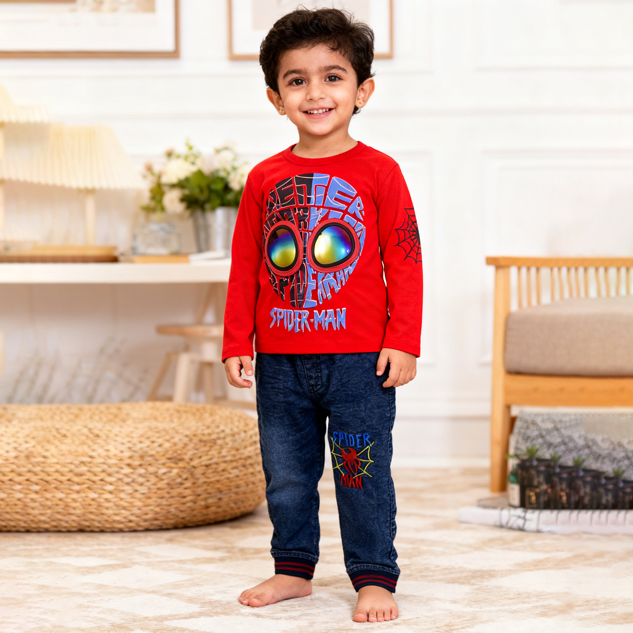 Child wearing a red Spider-Man shirt and blue pants in a home setting