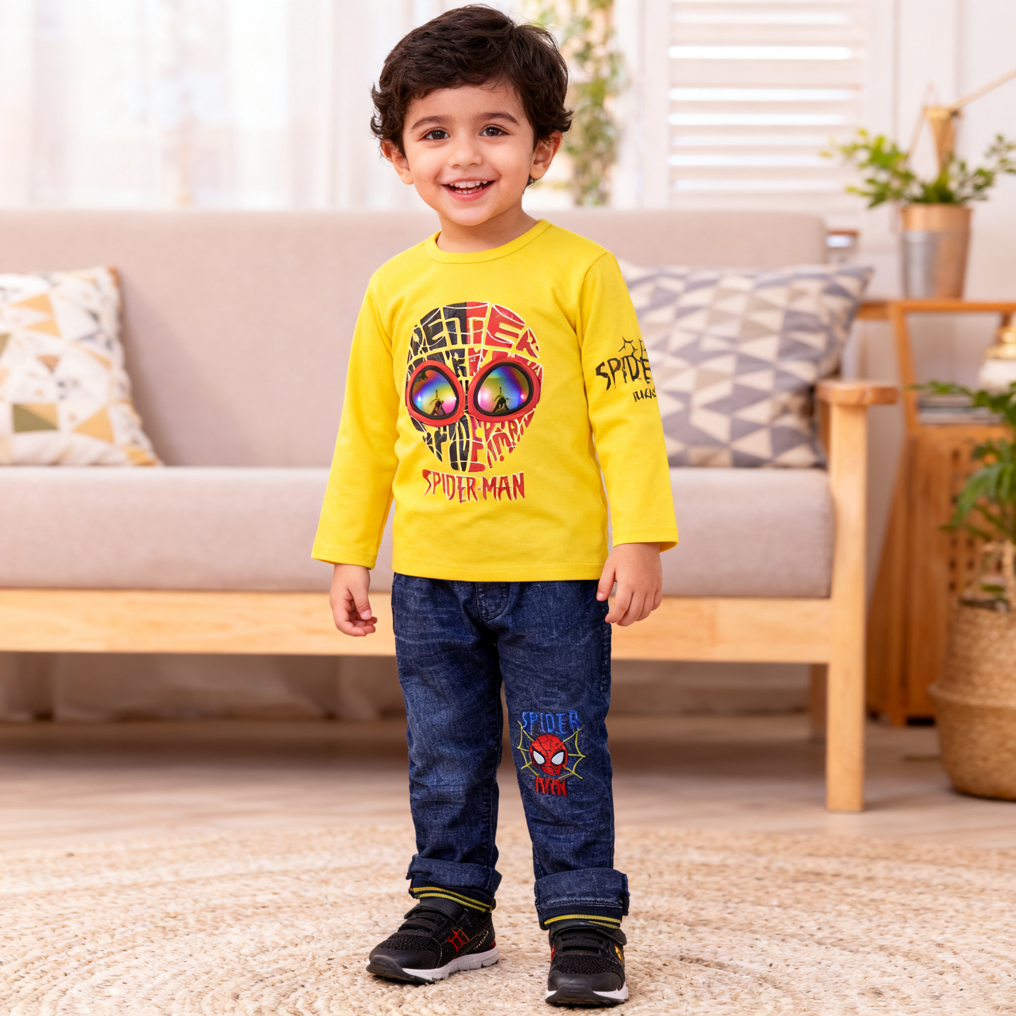 Child wearing a yellow Spider-Man shirt and blue pants with spider designs in a living room.