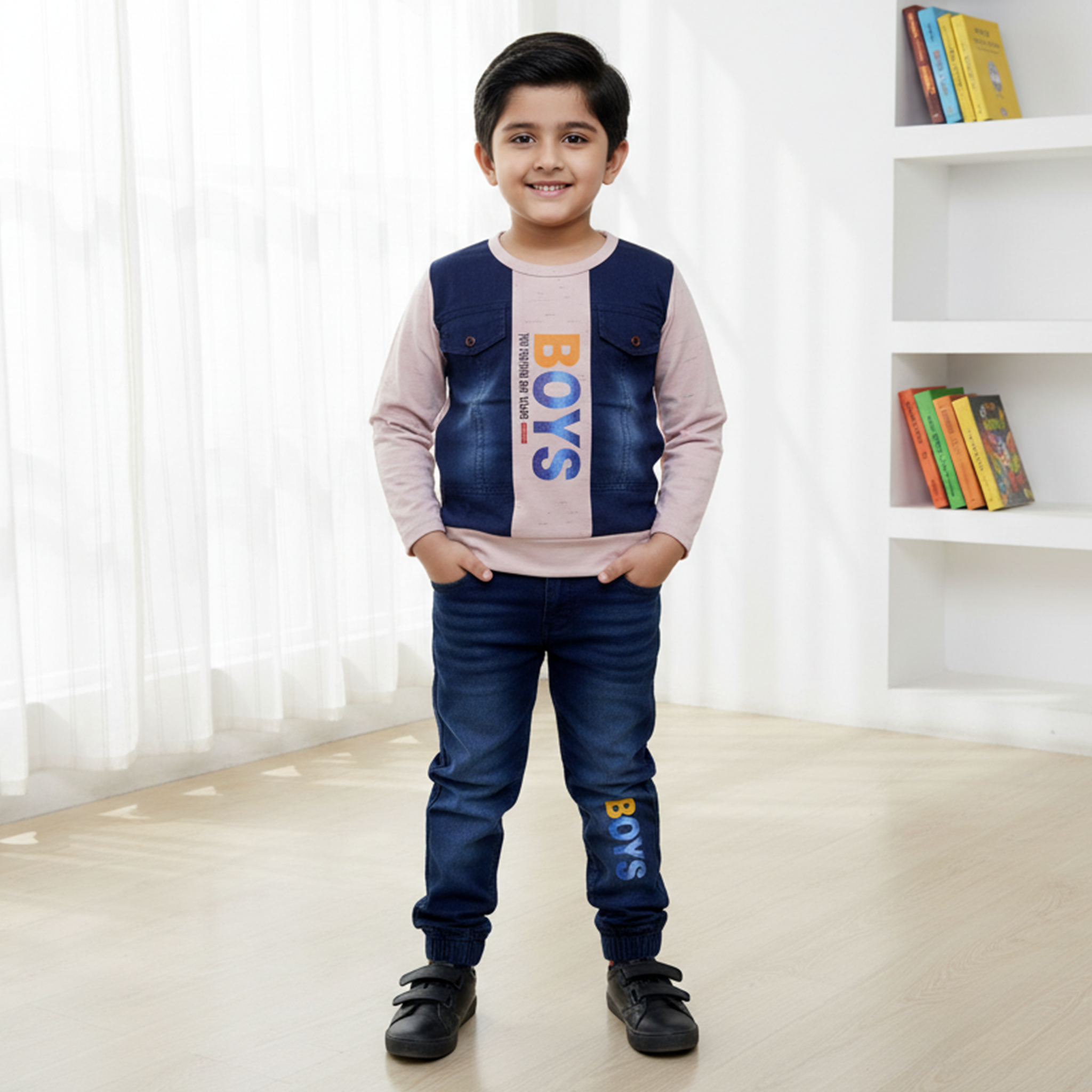 Child wearing a blue vest with 'BOYS' print, standing in a room with white curtains and a bookshelf.