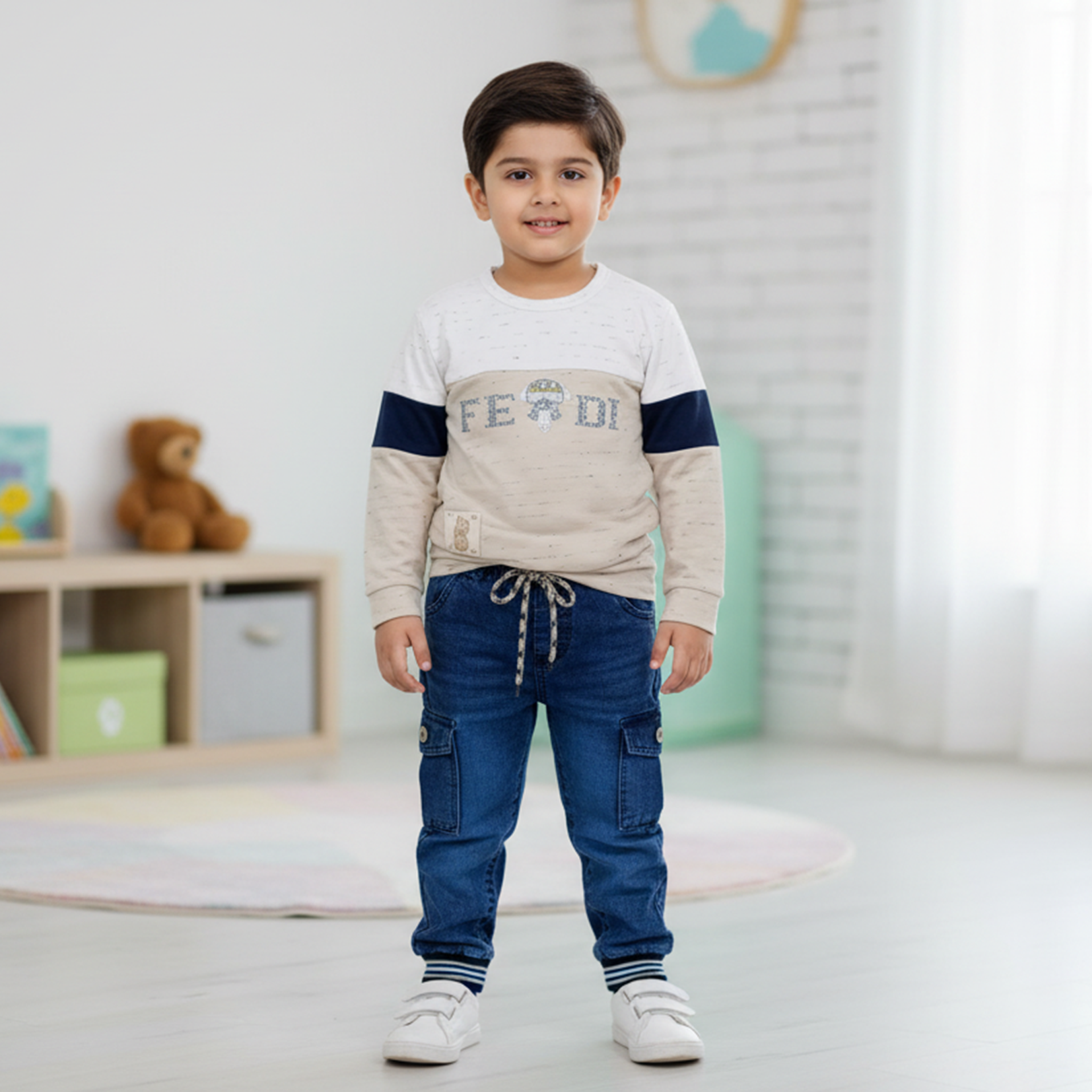Child wearing a beige shirt with 'Fendi' branding and blue pants in a room setting.