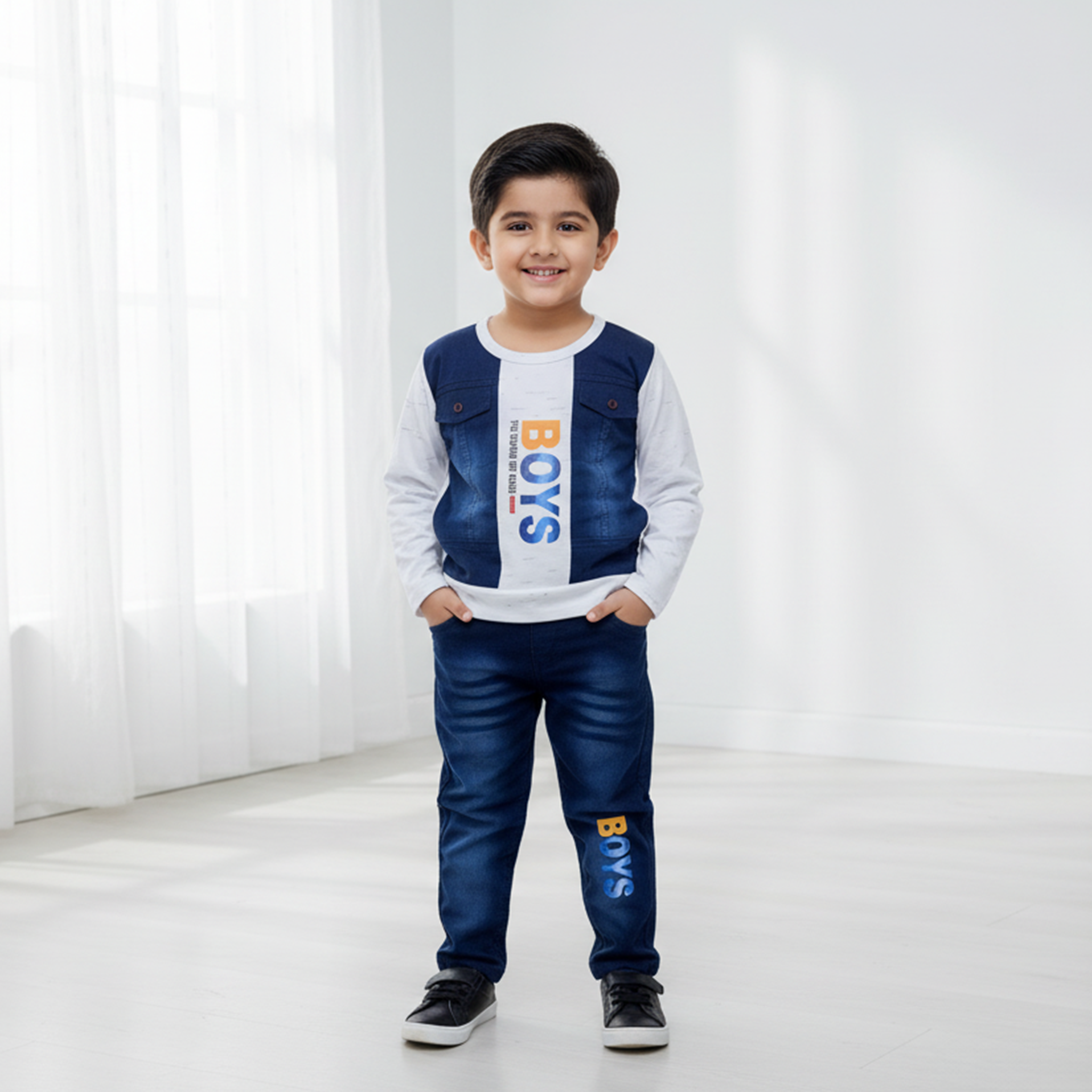 Child wearing a blue and white outfit with 'BOYS' text on a white background