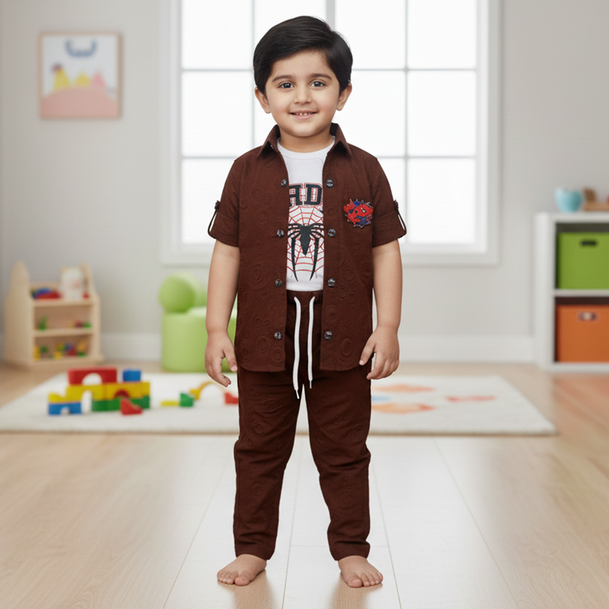 Child wearing a brown outfit with a graphic t-shirt in a room with toys and colorful boxes.