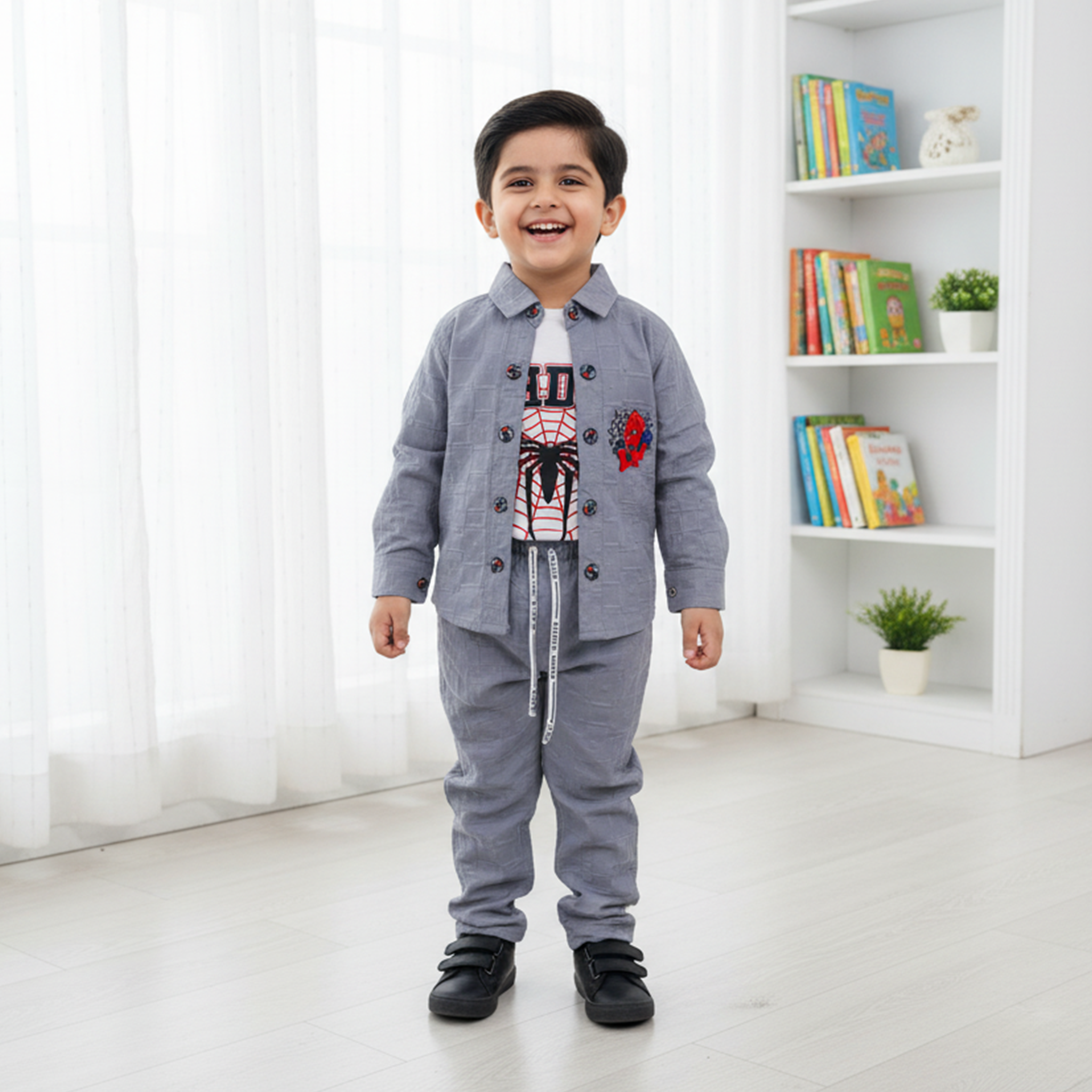 Child wearing a gray outfit with a colorful shirt in a room with white curtains and a bookshelf.