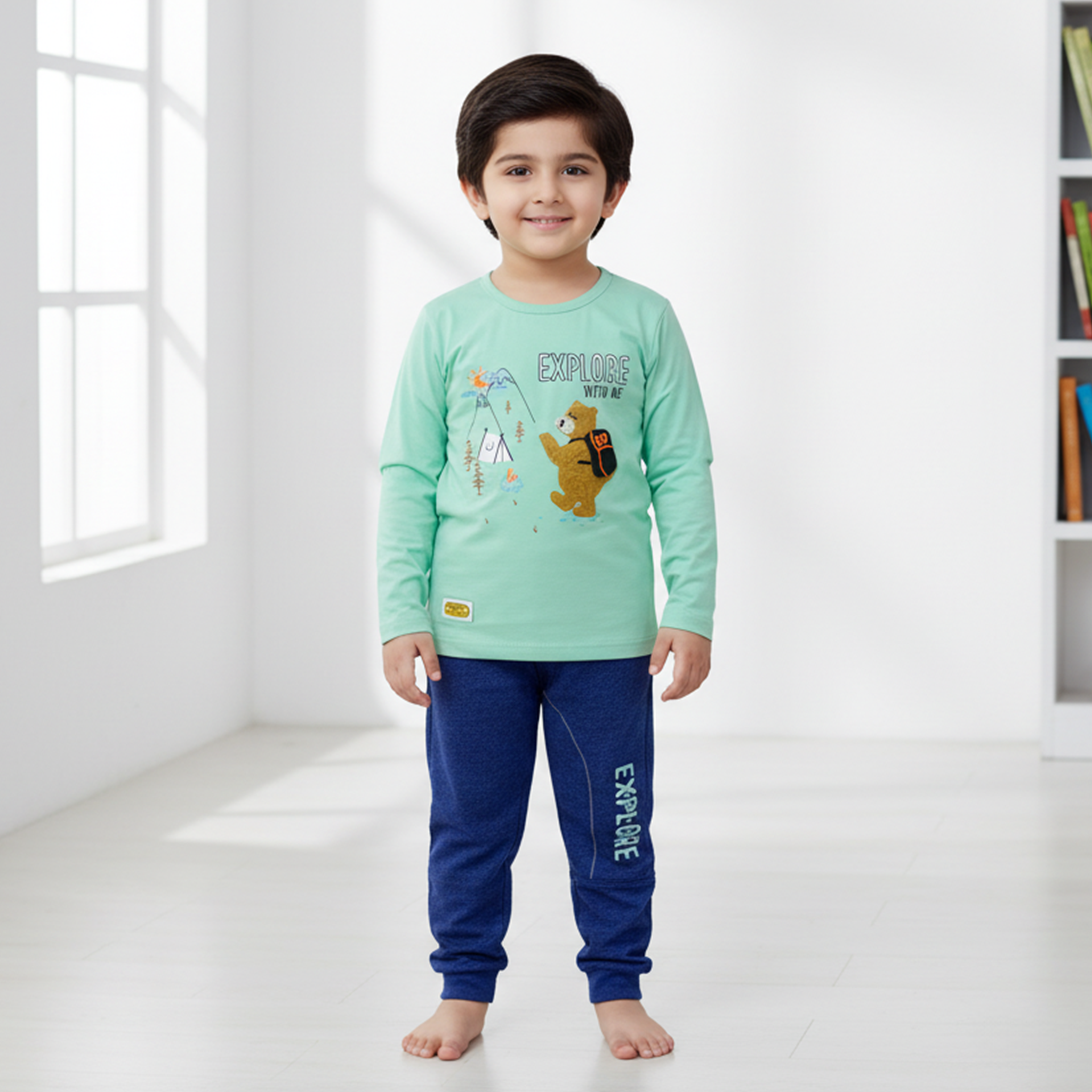 Child wearing a green long-sleeve shirt and blue pants with 'Explore' text, standing in a bright room.