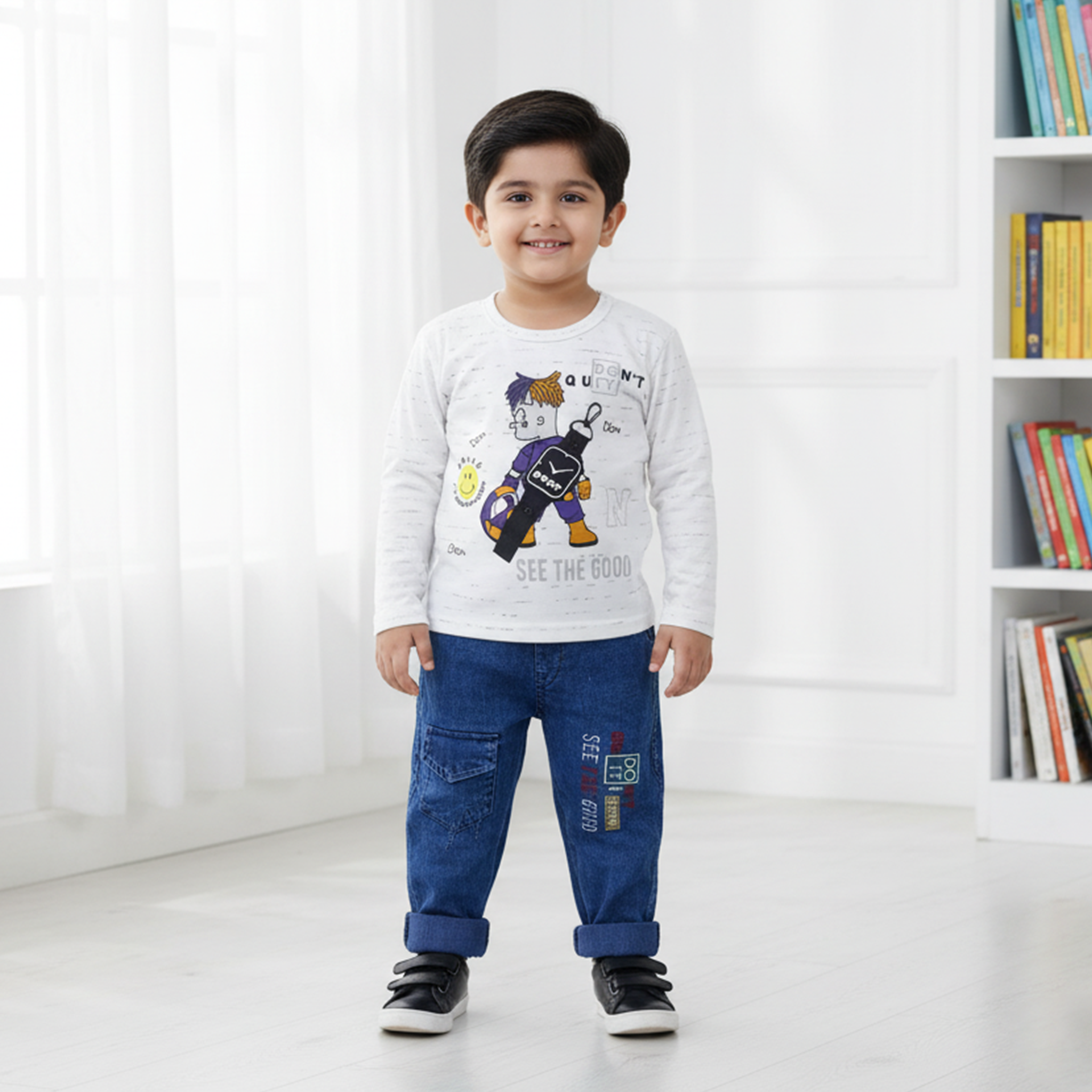 Child wearing a white long-sleeve shirt with a graphic design and blue jeans in a room with a white curtain and bookshelf.